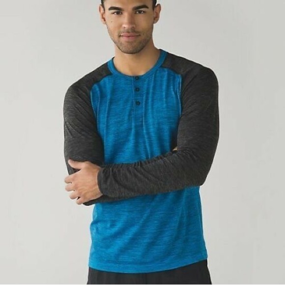 Lululemon Men's Metal Vent Tech Henley Button Blue Gray Long Sleeve Shirt - Picture 1 of 6